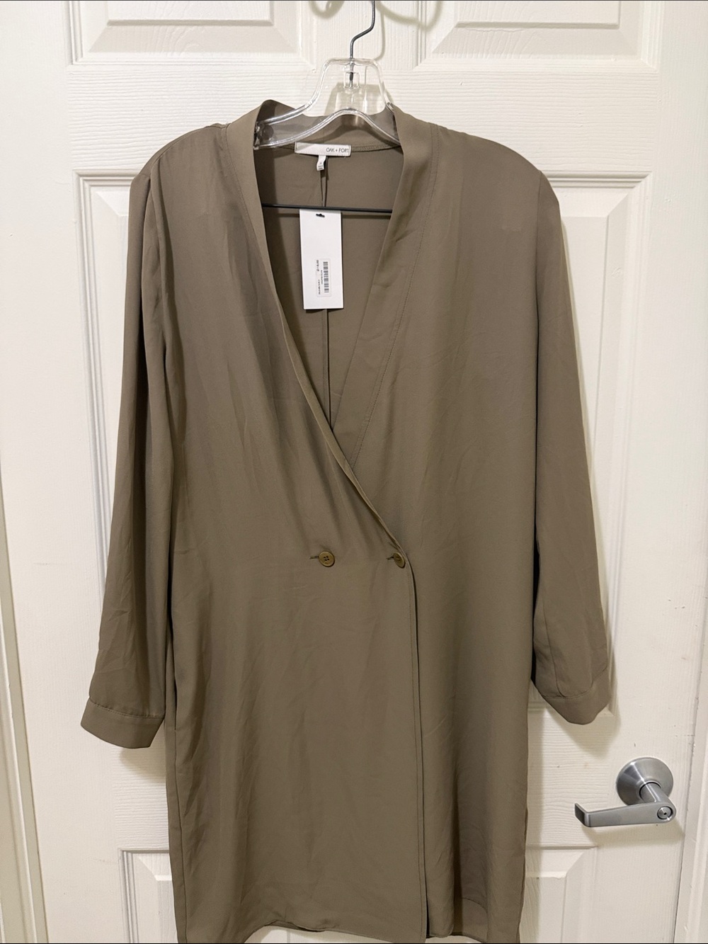 OAK + FORT Small Olive Green Long Jacket with front buttons.